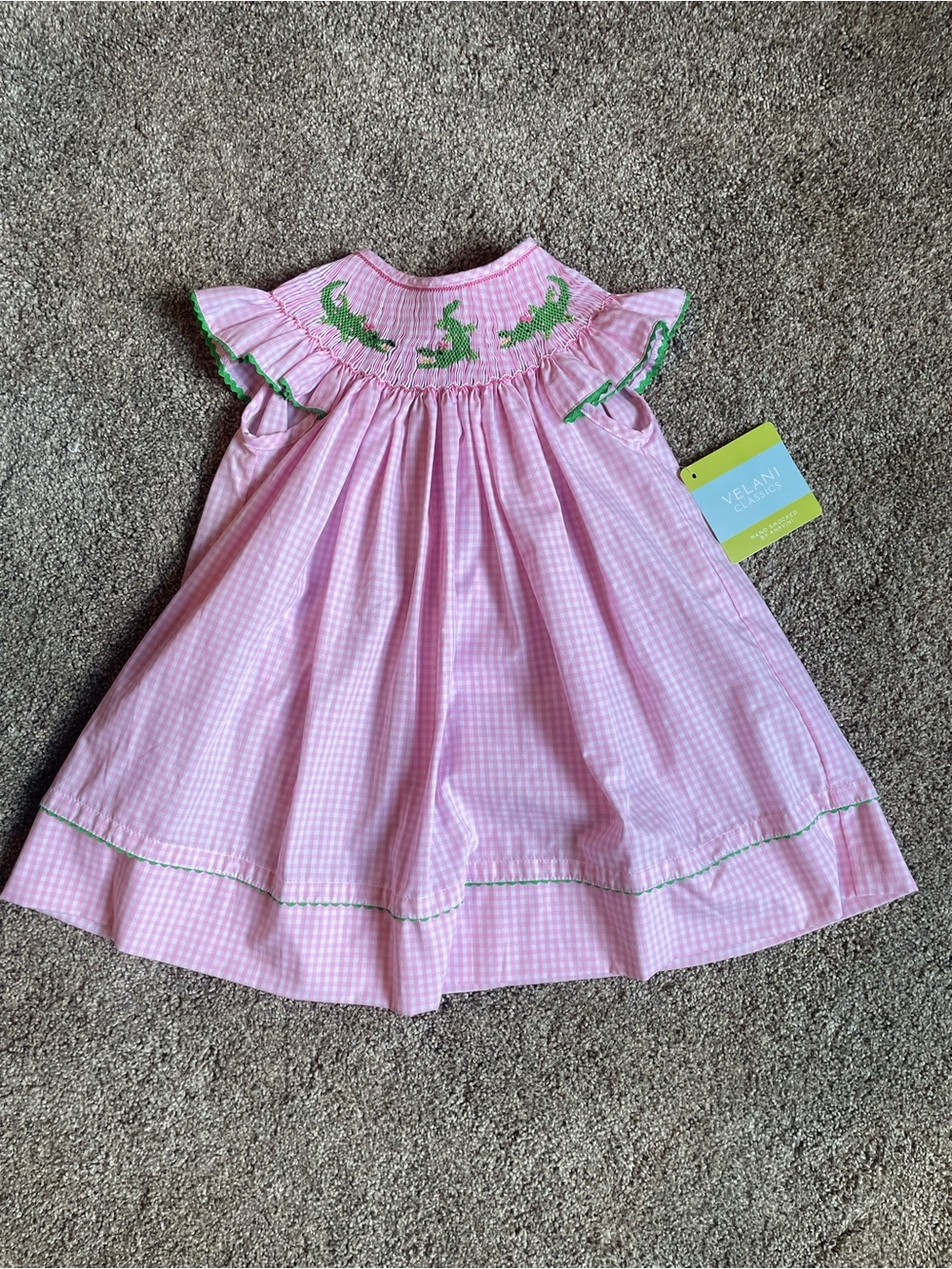 NWT Velani Classics Girls Pink Checkered Smock Dress Green Alligators 18 Months